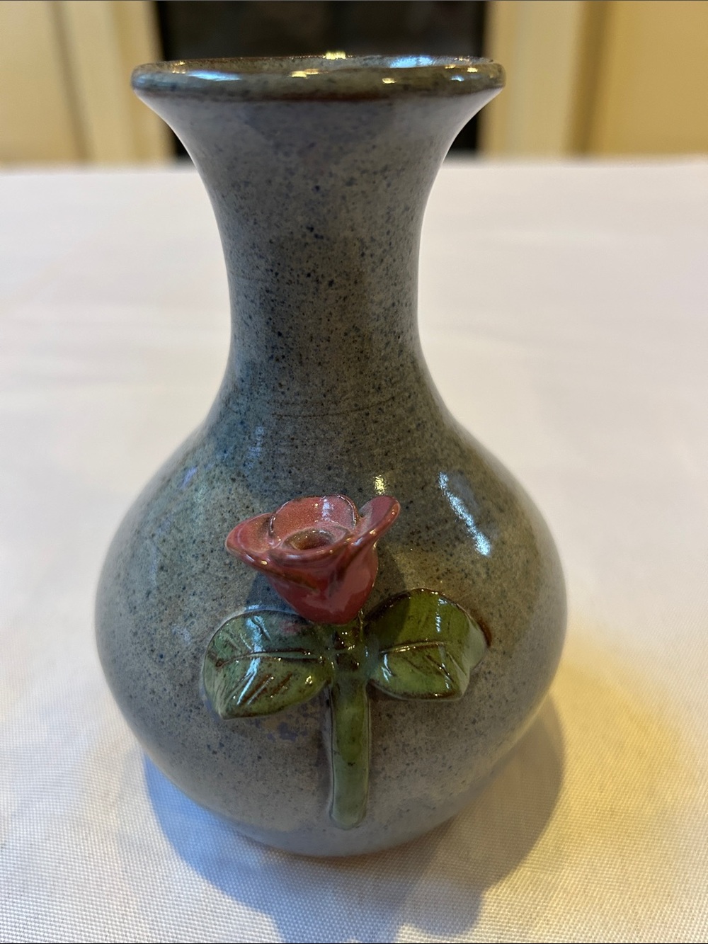 Sid Luck Glazed Ceramic Bud Vase with Pink Rose Accent